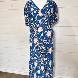 Knox Rose Blue, Cream and Brown Floral Wrap Dress Size L